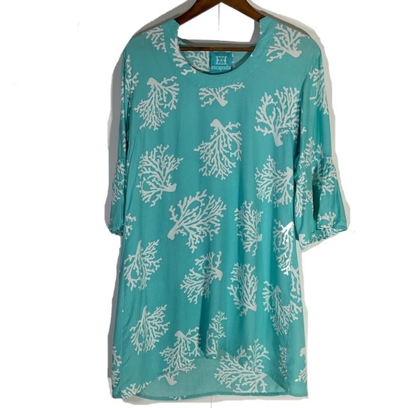 Escapada Swim Cover-Up Turquoise Blue White Coral Pattern Long Sleeve Size Med - Picture 1 of 16